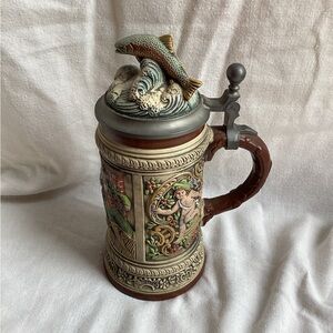 Vintage Ceramic Beer Stein with Fish Lid